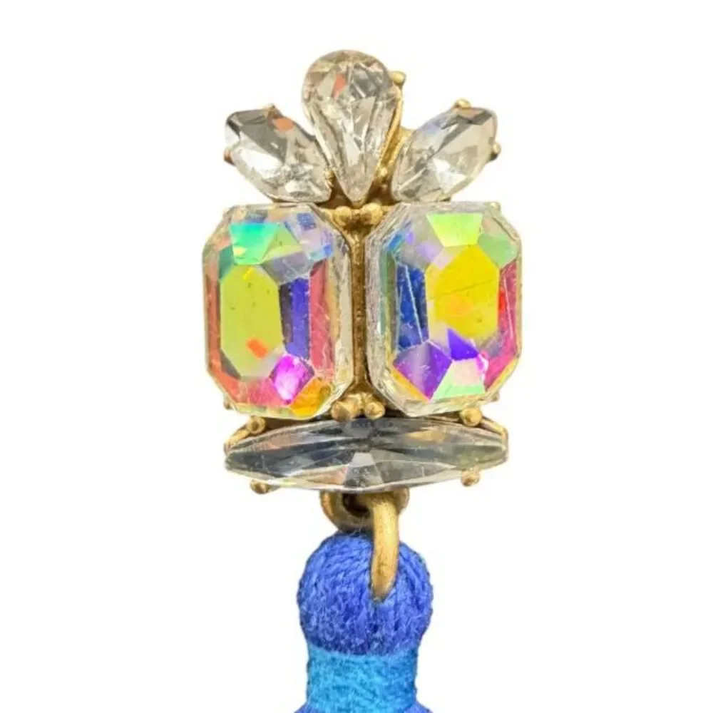 J. Crew Royal Blue Tassel Iridescent Aurora Borealis Crystal Statement Earrings